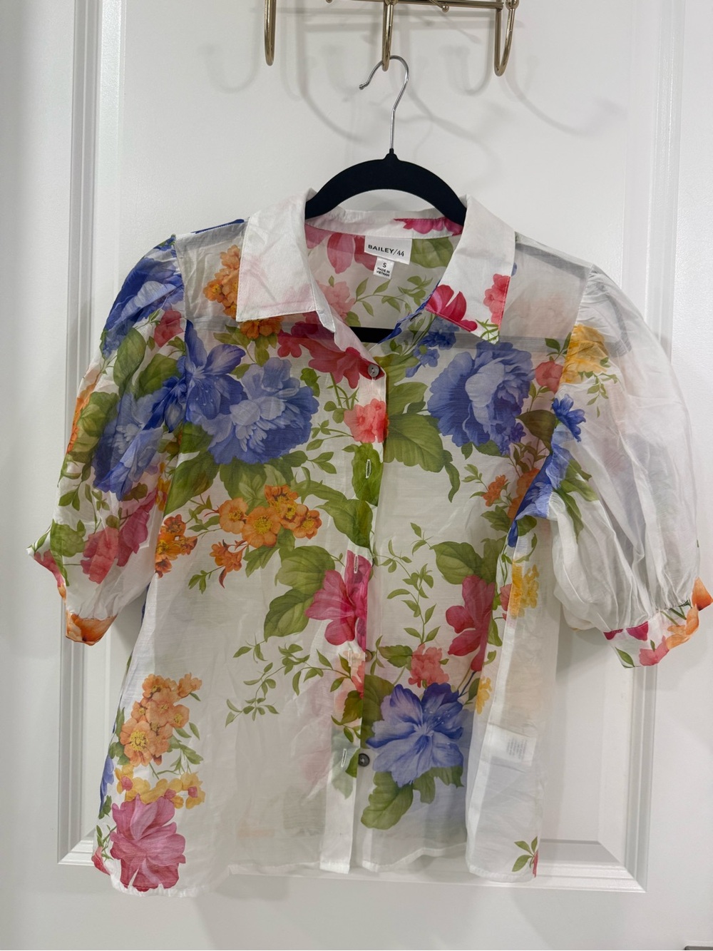 Bailey 44 White Sheer Floral Button-Up Blouse with Multicolor Blooms